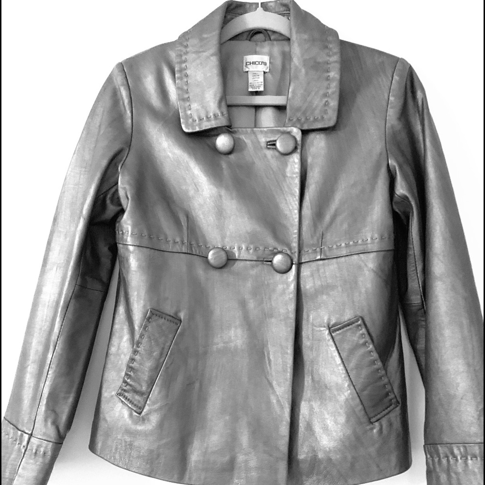 hip length grey leather jacket
